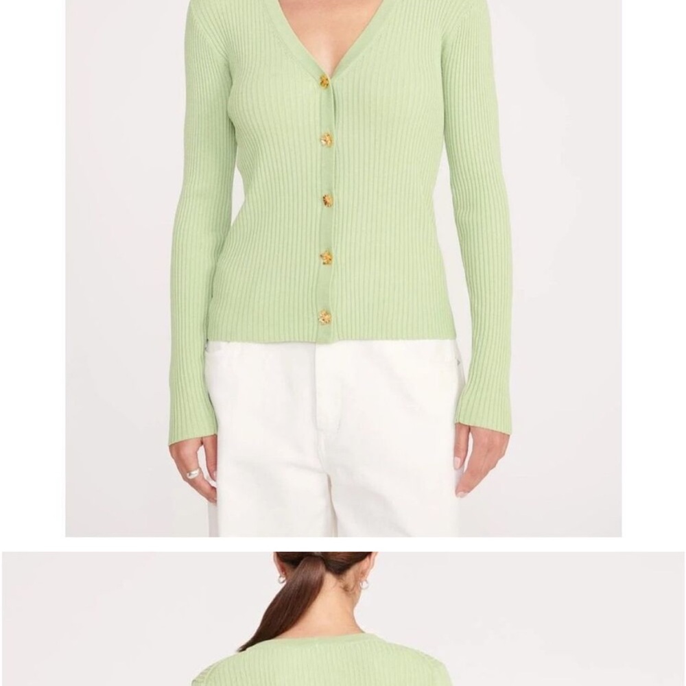 Staud Gold Floral Button Green Ribbed Cardigan Sweater